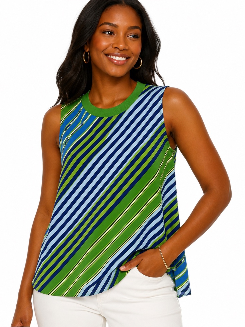 Scoop Blue Green Striped Sleeveless Blouse Relaxed Fit Large